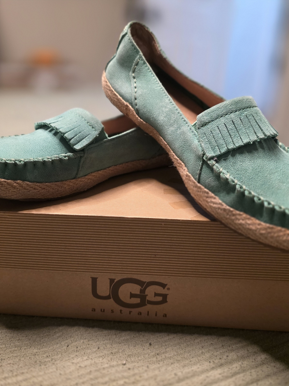 UGG Teal Suede Fringe Moccasin Loafers